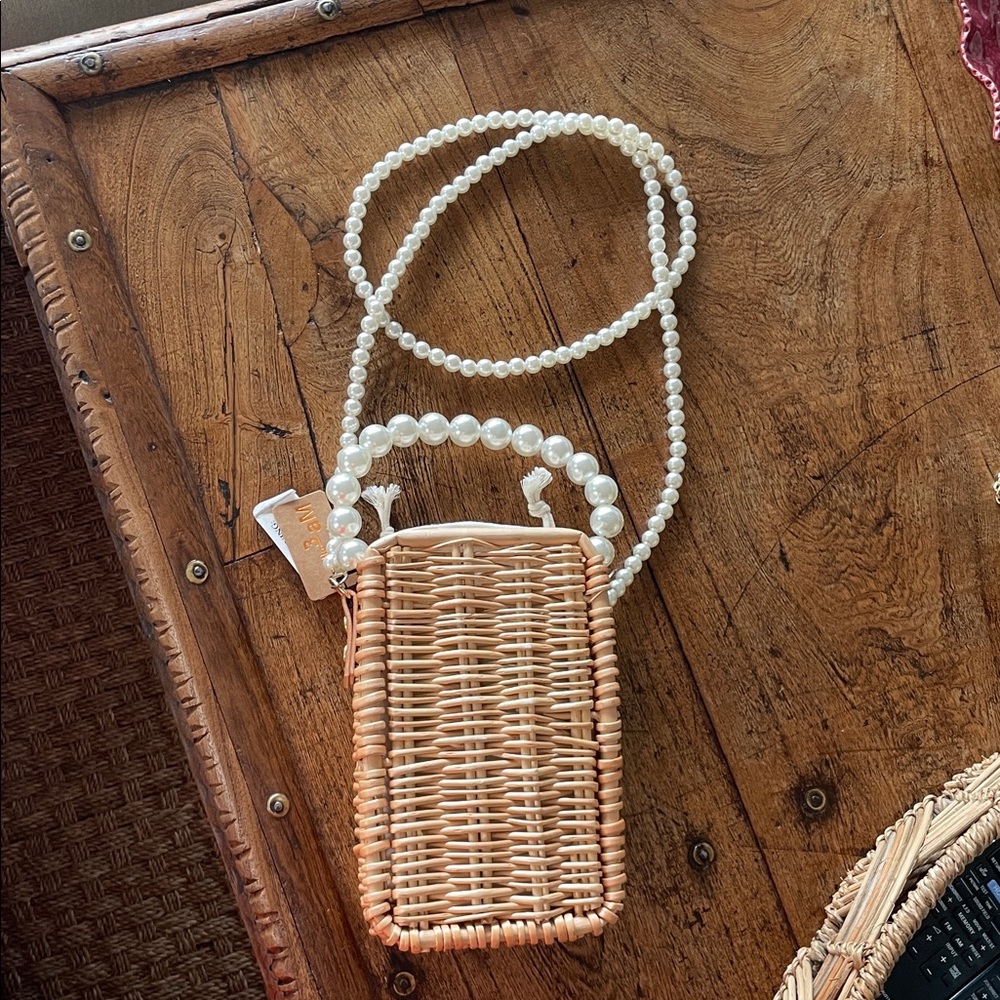 Woven Straw Crossbody Bag with Pearl Bead Handle - Natural - Picture 3 of 3